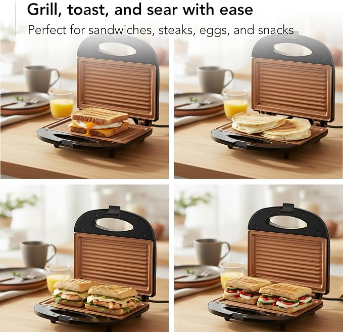 OVENTE Electric Panini Press Grill, 750W Nonstick Plates, Copper GP0110CO | LED Indicator Lights, Thermostat Control, Compact Sandwich Maker Perfect for Cooking Breakfast, Steaks, Eggs Snacks & More