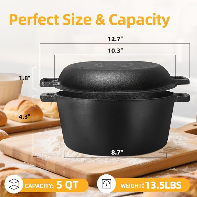 Pre-Seasoned Cast Iron Dutch Oven Pot with Skillet Lid, 5 Qt | 2-in-1, Evenly heated, Includes Proofing Basket Sourdough Starter Kit, For Bread Baking, Camping, Frying and Braising