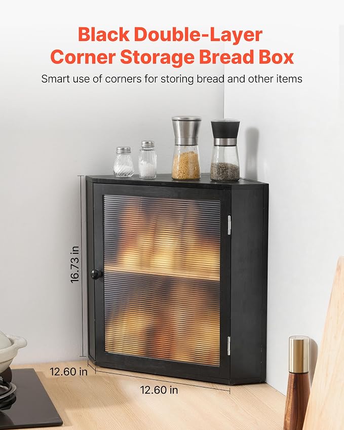 VEVOR Corner Bread Box for Kitchen Counter, Double Layer Large Capacity Bamboo Bread Storage Container, Farmhouse Wooden Breadbox for Homemade Bread, Storage Holder Bin with Acrylic Wavy Door, Black