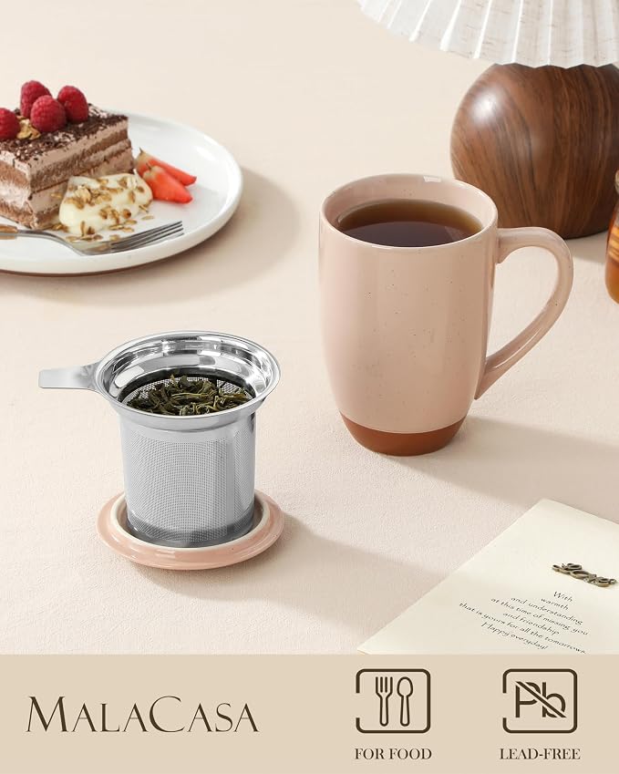 MALACASA Ceramic Tea Mug with Lid and Stainless Steel Infuser, 18 oz Large Tea Cup for Loose Leaf Tea, Heat-Resistant, Microwave & Dishwasher Safe, Speckled Glaze Coffee & Tea Brewer Mug, Khaki Pink