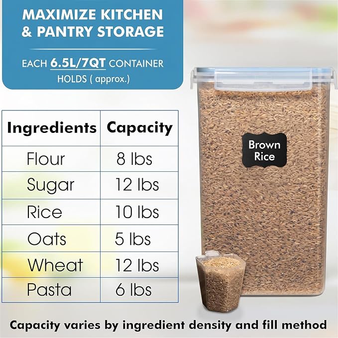 2 PC [7 Qt / 6.5L / 220 Oz] Large Food Storage Containers with Lids Airtight - BPA Free Clear Plastic Kitchen and Pantry Storage Containers for Cereal, Flour, Sugar, Rice