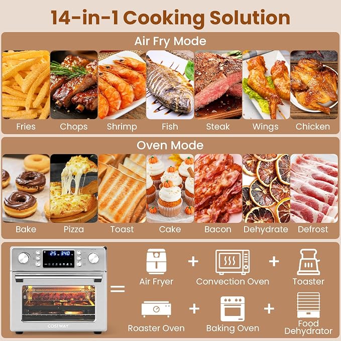 COSTWAY 14-in-1 Air Fryer Toaster Oven Combo | 1700W Dual Cook & 26 QT Large Capacity Stainless Steel Countertop Convection Oven LED Display, 7 Accessories