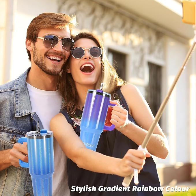 30 oz Shiny Tumbler with Handle and Straw,Stainless Steel Tumbler with Lid and Straw,Insulated Travel Mug(Cold for 34 Hours),Water Bottle for Iced Tea,Coffee (Blue)
