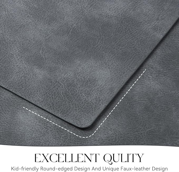 MOSAYT Vinyl Placemats Set of 4-12 X 17 Inch - Faux Leather 100% Waterproof Oil-Proof Wipeable PU Place Mats, Heat Resistant Reversible Table Mats for Kitchen, Dining, Outdoor, Grey