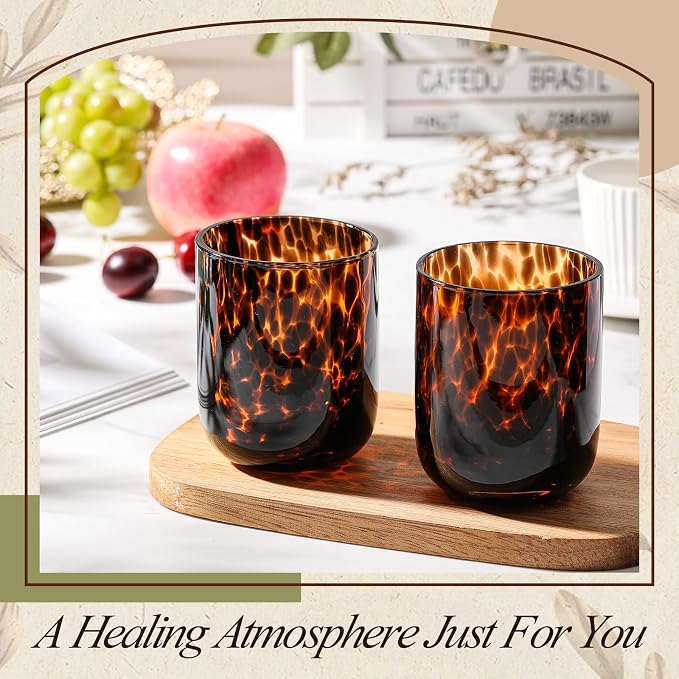 SiliFine Set of 2 Tortoise Shell Wine Glasses, 14oz Brown Decorative Tumbler Cups, Hand Blown Leopard Print Stemless Glassware for Home Decor, Ideal for Wedding Gifts, Housewarming, Cocktail Party