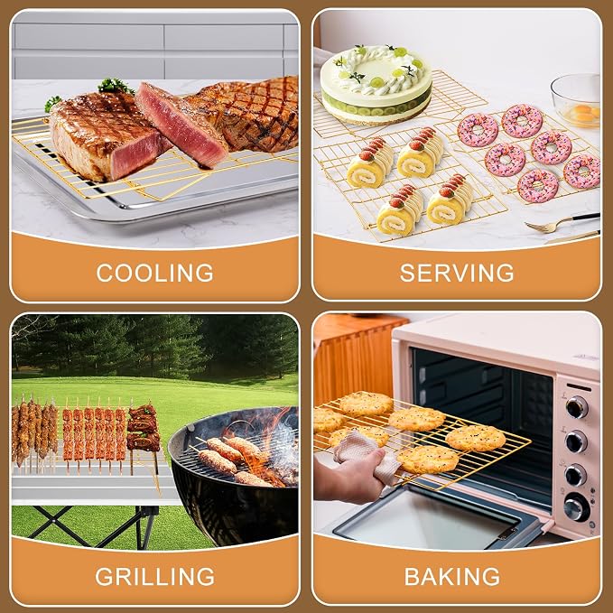 Cooling Rack for Cooking Baking 3 Tiers, 16" x 10" Wire Rack, Gold | Thick Wire Rack, Oven & Dishwasher Safe, for Roasting, Grilling, Drying, Fits Half Sheet Pan