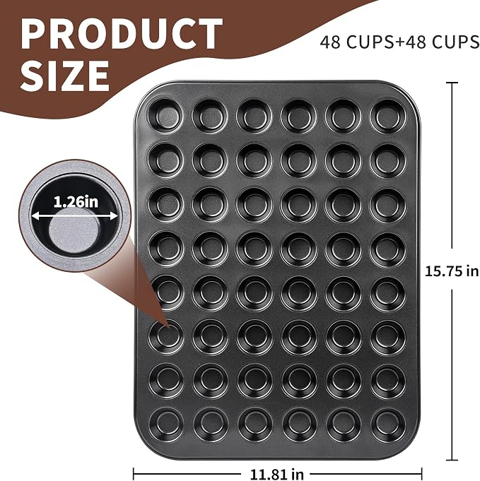 2 Pack × 48 Cup 4/6/12/24 Cups Heavy Duty Steel Nonstick Mini Muffin Pan, Black 48 Mini Small Tiny Cups, Cupcake Baking Pan Molds for Dishwasher Oven