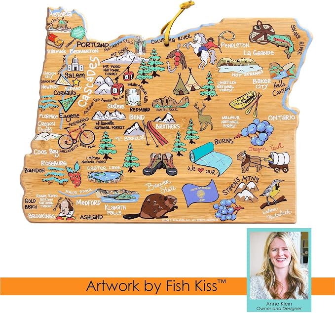 Totally Bamboo Oregon State Shaped Cutting Board, Art by Fish Kiss | State charcuterie board with colorful hand-drawn map artwork. Smooth reverse side for food prep. Hang tie for wall display.