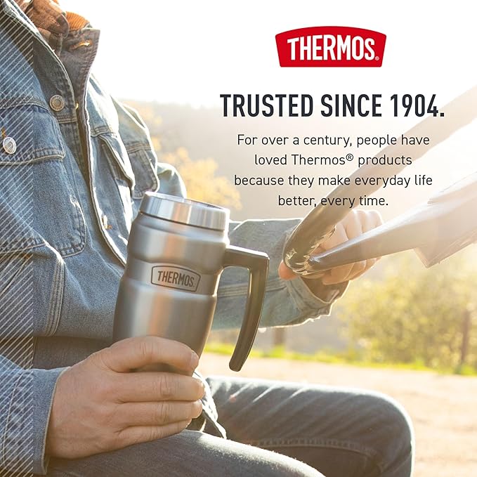 THERMOS Stainless King Travel Mug with Handle, 16oz, Matte Pink | Vacuum-Insulated Travel Mug with Handle for Hot & Cold Drinks, Stainless Steel Coffee Mug with Lid for Commuting