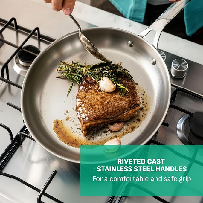 T-Fal Jamie Oliver Cooks Smart Stainless Steel Frying Pan, 11 in Skillet | Induction compatible, Oven safe to 500°F, Stainless steel interior, Dishwasher safe, Cast stainless steel handles