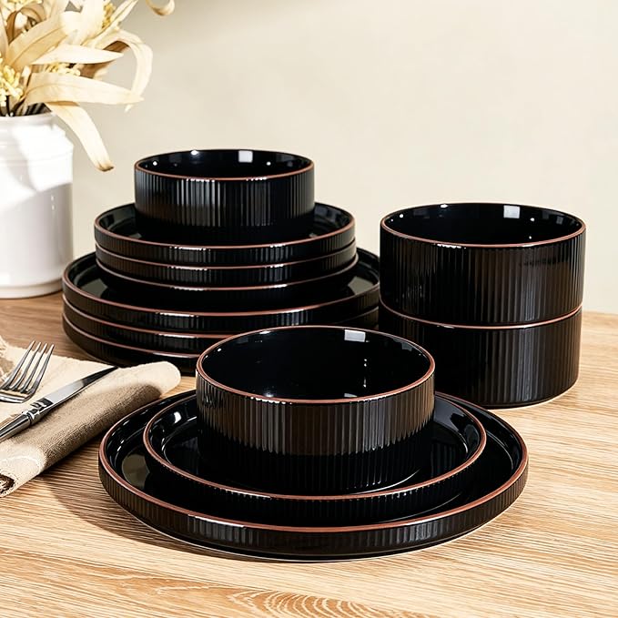 Line Porcelain Dinnerware Set, dish set for 4, Black | Premium dinnerware set, chip-resistant & durable. Safe for dishwasher, microwave, oven. For daily meals to festive feasts