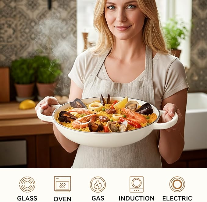 3 Quart Enameled Cast Iron Braiser, Non Stick Enameled Cast Iron Skillet with Lid, Dutch Oven Skillet with lid up to 500°F for Oven, Stove, Grill, Shallow Dutch Oven for Cook, Bake (Beige)