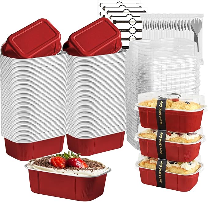 Mini Cake Pans With Lids And Spoons,5.5 oz Rectangle Mini individual Loaf Pans Disposable Aluminum Foil Small Baking Cups Tins (100, Red)