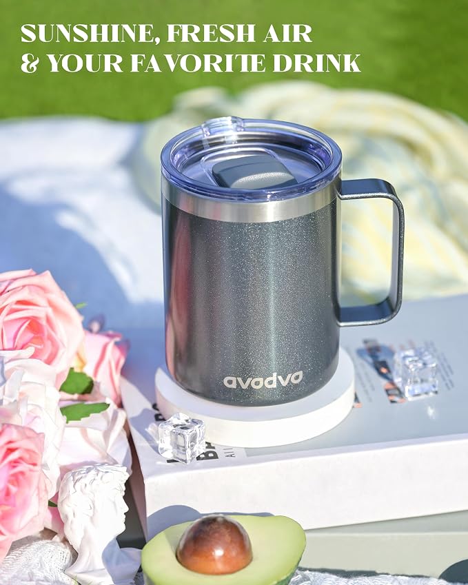 12oz Insulated Coffee Mug with Lid – Includes Two Lids, Stainless Steel Coffee Travel Mug with Handle, Double Wall Vacuum Insulated Camping Mug for Home, Office & Outdoor, Cool Gray