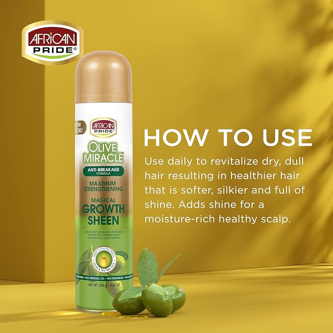 African Pride Olive Miracle Growth Sheen Hair Spray, 8 Oz | Olive & tea tree oil sheen spray adds moisture and shine; supports healthy-looking hair