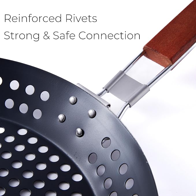 12 in Kozmatik Turkish Grill Pan, Nonstick Carbon Steel Basket | Handled Vegetable Charring Pan, For Stovetop And Grill Cooking, Black Round Basket Design