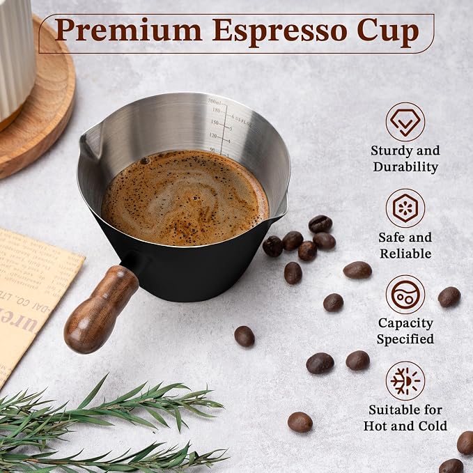 Amrules Espresso Cup, 6.8 oz/200 ml Stainless Steel Coffee Shot Measuring Cup with Wood Handle, Double V-Shaped Mouth and Clear Scale for Cappuccino Barista Coffee Bar Accessories, Black