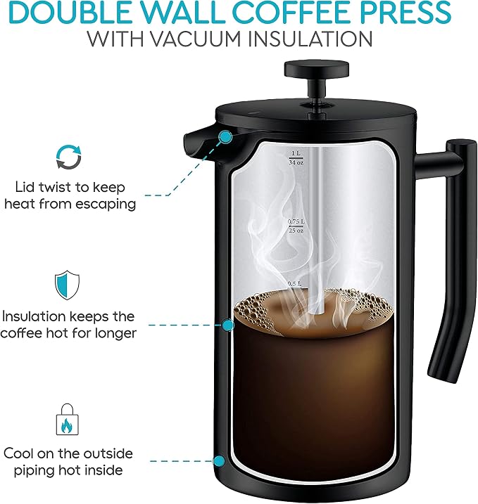 French Press Coffee Maker - 50oz Stainless Steel, Insulated Coffee Press | Large 6 Cup 50oz Capacity, Double Wall Keeps Coffee Hot, 4 Level Filter for Ground Free Coffee, 2 Extra Filters, Matte Black
