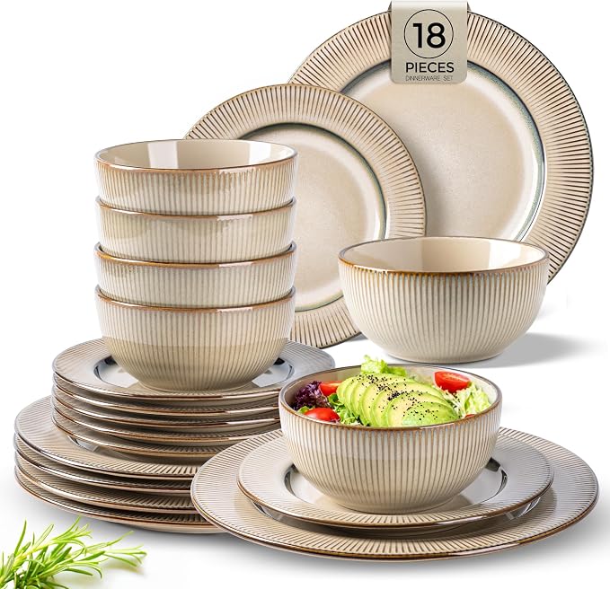 GBHOME Ceramic Dinnerware Sets of 6,18 pcs Plates and Bowls Sets Dishes | Embossed Elegant Stoneware Dishes Set | Dishwasher & Microwave Safe | Service for 4