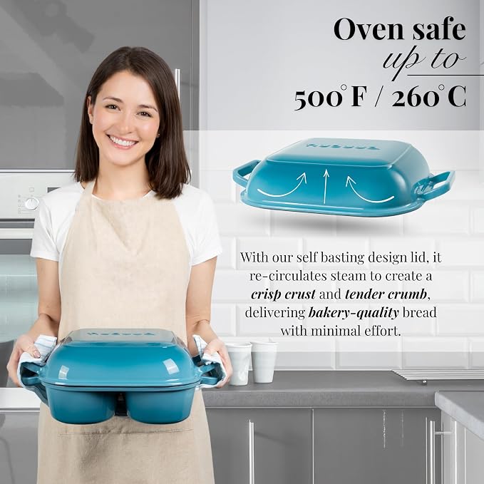 QuadPro Enamelled Cast Iron Bread Loaf Pot – Dutch Oven for Sourdough Bread Baking – 500°F Oven Safe Non Stick Bread Pot – 4 Round Loaf Spaces (4.90-inch Diameter), Light Blue – by Nuovva