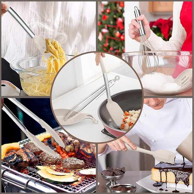 E-far Silicone Cooking Utensils Set, 30-Piece Khaki Kitchen Utensils Set | Heat Resistant Nonstick Cookware, Kitchen Tools Spatulas with Stainless Steel Handle, Spatulas Turner Tong Spoon Whisk Ladle