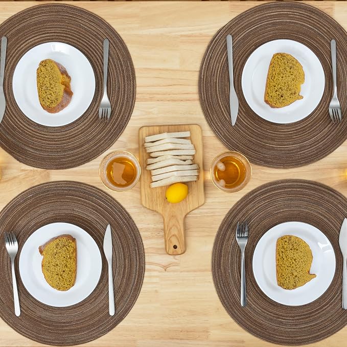 Winknowl Round Braided Placemats Set of 8 Washable Woven Heat Resistant Table Mats for Kitchen Dining Tables 15 inch Round Place Mats (Brown,8)