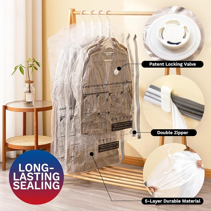 Hanging Vacuum Storage Bags, Space Saver for Clothing, 4 Long with Pump | Vacuum Seal Bags for Clothing with Electric Pump, Hanging Garment Storage for Jackets, Suit, Dresses, Winter Closet Organizer