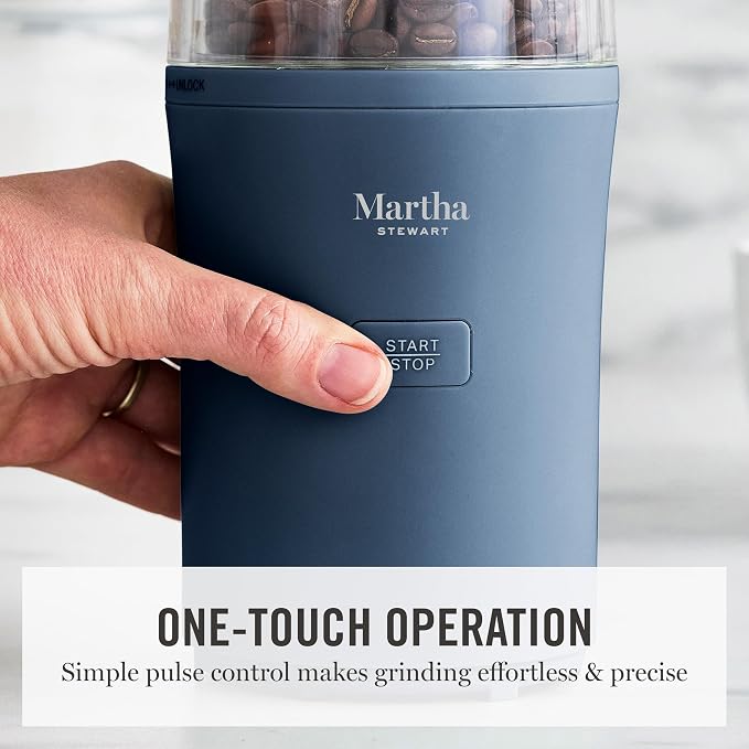 Martha Stewart Electric Coffee & Spice Grinder with Dual Bowls, Indigo Blue | Dual 2.5oz Removable Bowls for Coffee Beans, Nuts, Herbs & Spices, Stainless Steel Blade, One-Touch Pulse Control, Easy Clean