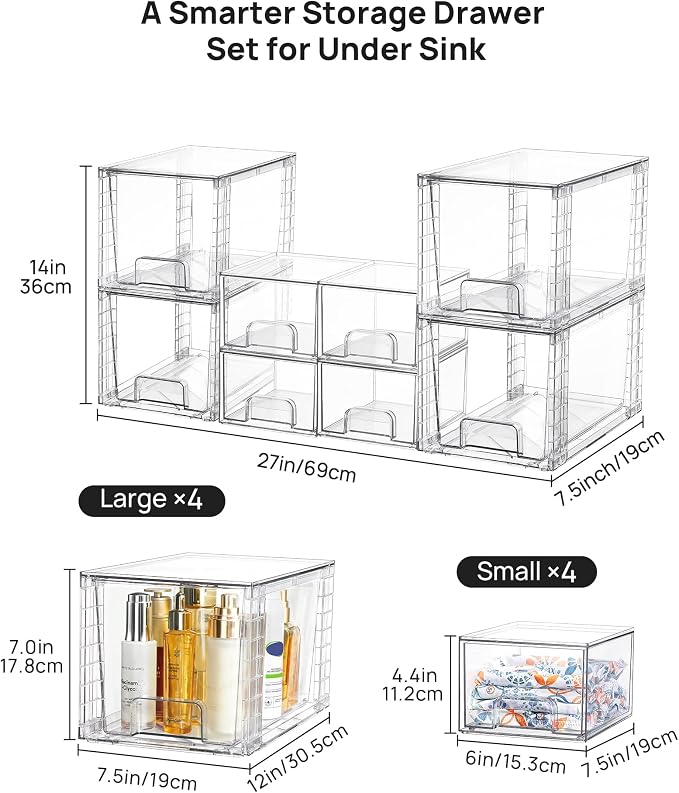 Vtopmart 8 Pack Clear Pull-Out Under Sink Organizer Set (4 Large & 4 Small) | Stackable Storage Drawers, Designed to Fit Bathroom & Kitchen, Under-Sink Organization