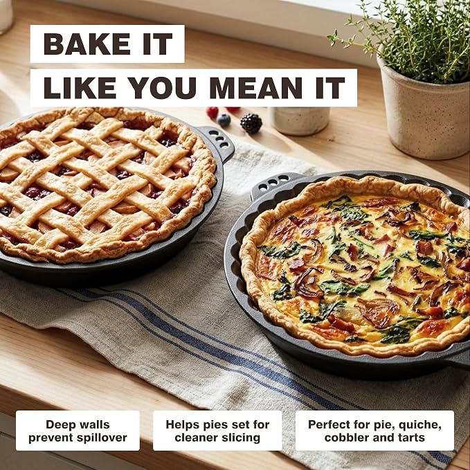 Cast Iron Pie Pan | Pre-Seasoned Round Baking & Serving Dish | 9" | Pan for Apple, Pumpkin & Cherry Pies, Quiche & Tarts | For Baking & Serving | Silicone Trivet Included | 9", 2" Deep