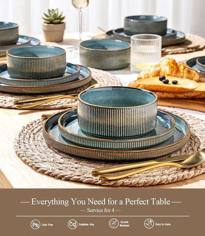 GBHOME Stoneware Dinnerware Sets for 4, 12-Piece Plates and Bowls Set | Handmade Reactive Glaze Ceramic Dish Set, Scratch Resistant, Dishwasher&Microwave Safe,Space Blue