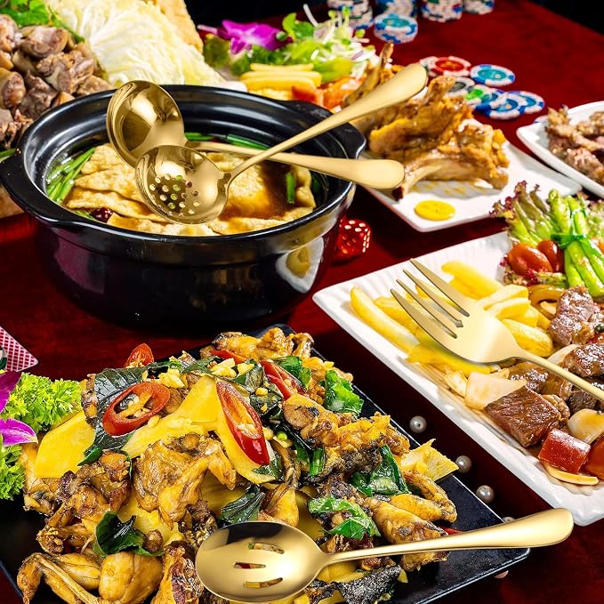A· HOUSEWARE Gold Kitchen Utensils Serving Set 10 Piece Catering Silverware Stainless Steel Flatware for Buffet Party include Tong Serving Spatula Skimmer Ladles Big Fork Cheese Knife Dessert Spoon