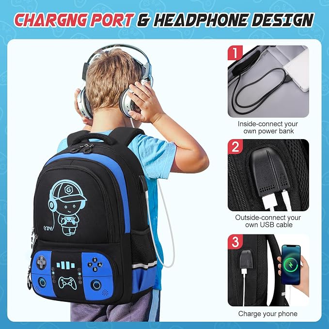 Backpack for School Boys, Cool Luminous Gamer Boys Schoolbag | with Lunch Box & Pencil Case Set for Kids Teens Elementary Middle School, Bookbag Glow In The Dark
