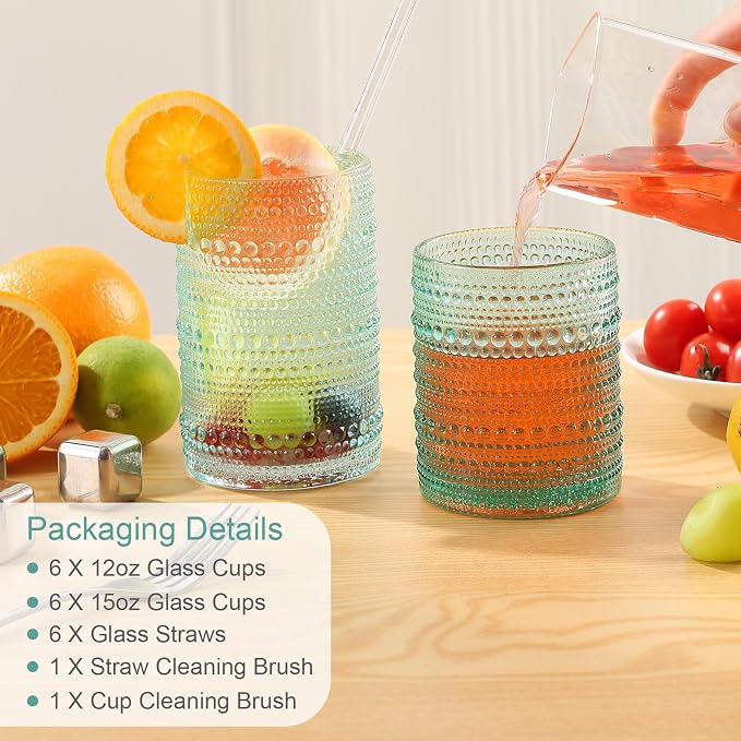 ZMOWIPDL Drinking Glasses Set of 12,Light Blue 12oz & 15oz Glass Cups | Vintage Hobnail Glassware，Embossed Water Tumbler,for Beer,Cocktail,Whiskey,Juice and Various Mixed Drinks