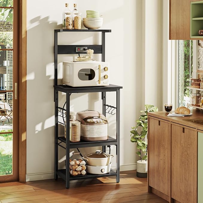 SUPERJARE 4 Tier Bakers Rack with Power Outlets, Microwave Stand with Adjustable Shelf, Kitchen Shelf Organizer for Small Space, Coffee Bar with 6 S Hooks, Kitchen Storage Rack, Black