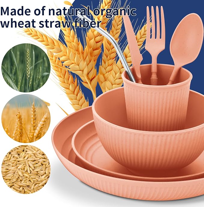 Wheat Straw Dinnerware Sets,64-Piece Plates and Bowls Sets for 8-Unbreakable,Reusable Plastic Dish Set-Dinner Plate/Dessert Plate/Cereal Bowl/Cup/Utensils-Dishwasher Safe 64P-Coral Coast