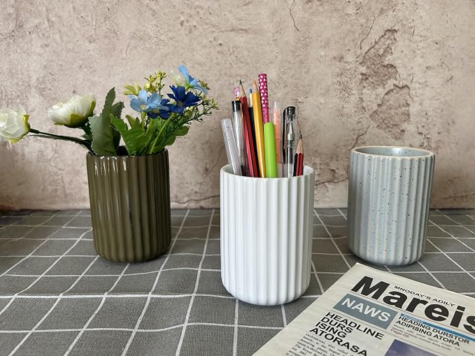 TOPYOKK Stoneware Coffee Bar Utensil Holder Tea & Coffee Spoon & Stirrer Holder for Stir Stick Straw Teaspoon Holder Espresso Spoon Cup Small Utensil Jar Fluted Vertical Stripe (Speckled Blue Grey)