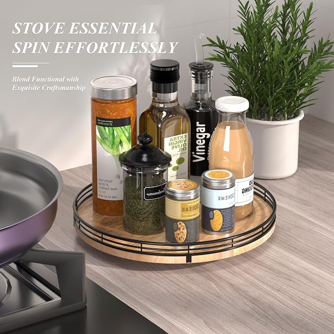 AMH 12-Inch Farmhouse Oak Lazy Susan Organizer | Smooth rotating oak tray with walnut finish for dining tables, kitchen counters, pantries and cabinet storage.