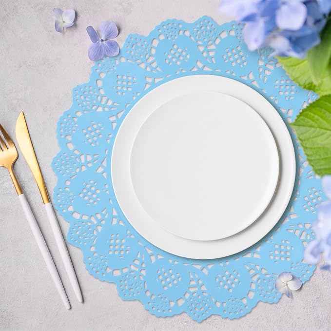 MCEAST 100 Pack Round Blue Paper Doilies 13.5 Inches Lace Paper Place Mats Rustic Scallop Doily Disposable Table Pads for Food Cakes Crafts Party Weddings Tableware Decor