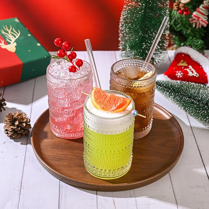 KMIGRUAN Hobnail Drinking Glasses with Straws 15oz Vintage Glassware Set of 6 Embossed Vintage Water Cups, Highball Glasses for Cocktail,Whiskey,Beer and Juic