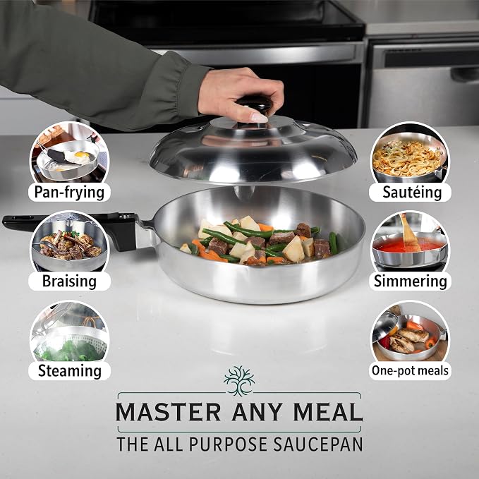 MAGNAWARE Cast Aluminum Sauté Pan with Lid 10 inch - Oven Safe Deep Frying Pan with Lid, Two Side Spouts and Ergonomic Stay-Cool Handle for Comfortable Grip and Pouring (3 Quart)