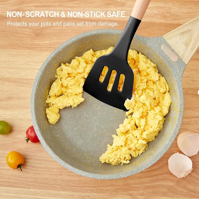 Kitchen Utensils Set - 7 PCS Non-Stick Silicone Cooking Utensils Set Spatula Set with Holder, Wooden Handle Spoon,Tongs,Whisk Kitchen Gadgets Tools Set for Nonstick Cookware (Black-7Max)