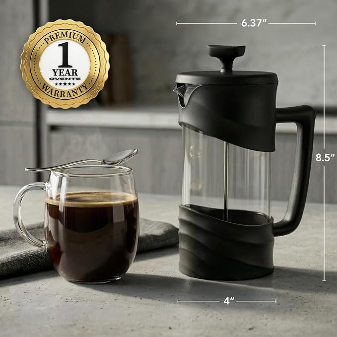 OVENTE 34oz French Press Coffee Maker with 4-Level Filtration, Black FPW34B | Heat-Resistant Borosilicate Glass Cafetiere, Dishwasher Safe Stainless Steel Filter, Compact Cold Brew for Travel and Camping