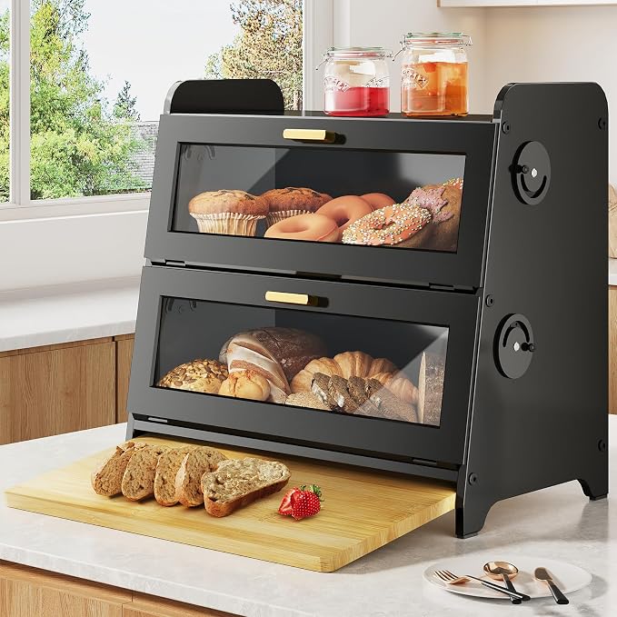 SNTD 2 Tier Bread Box for Kitchen Countertop, Adjustable Ventilation, Black | Bamboo Cutting Board, Airtight Design, See-Through Magnetic Door, Bread Storage Container for Homemade Bread, Multi-purpose