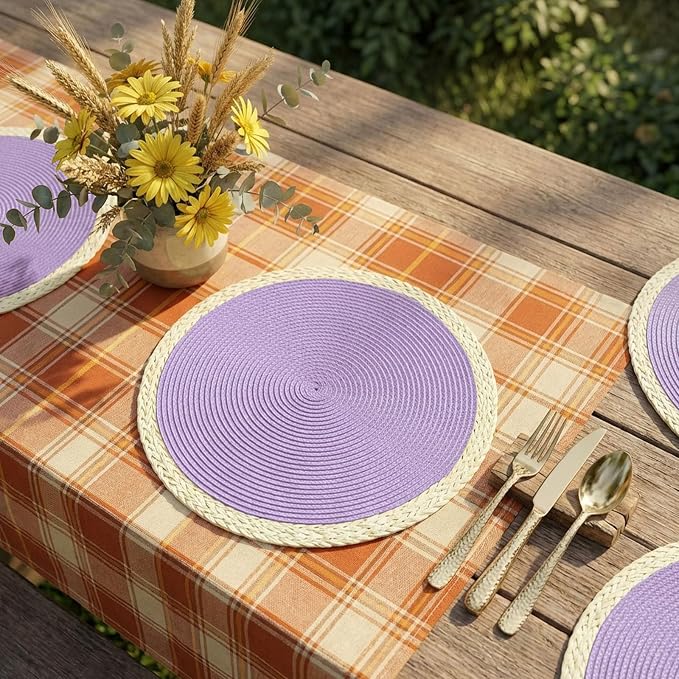 Round Placemats Set of 6, Woven Table Mats, Mint Purple | Braided Paper Edge, 15 Inch Diameter, Fits Dinner Plate and Flatware, Wipeable, Heat Resistant, Indoor Dining, Outdoor Patio