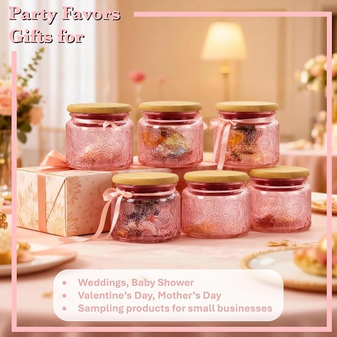 4 oz Decorative Small Glass Jars with Airtight Bamboo Lids, Pink 6 Pack | Vintage embossed color coated containers, kitchen pantry bathroom organization & decor, spices, DIY gifts, candle making