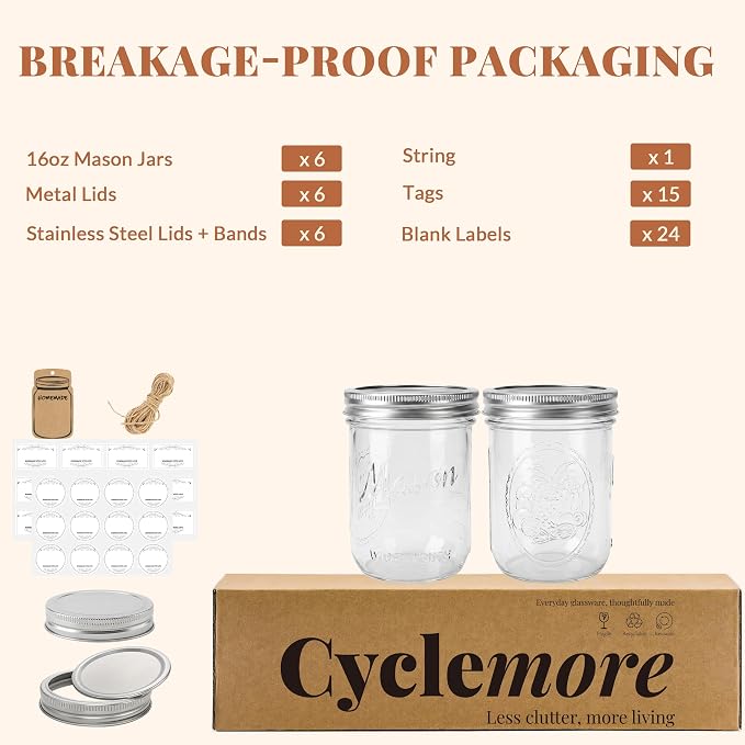 CycleMore 16oz Embossed Glass Mason Jars with Two Types of Lids – Set of 6 | One-Piece & Stainless Steel Split Lids. BPA-Free & Durable Glass. Dishwasher Safe. Non-Slip Grip. Vintage Style.