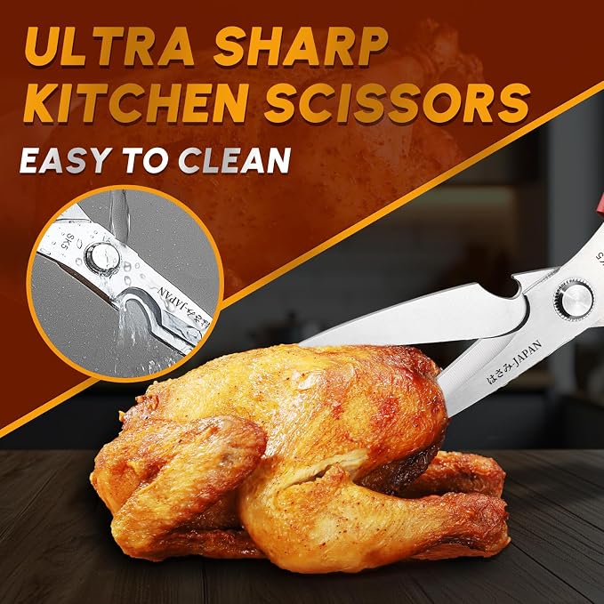 HUUSK Kitchen Shears Heavy Duty - Japanese Kitchen Scissors all Purpose | Stainless Steel Sharp Poultry Shears for Food, Meat, Fish, Chicken Bones, Turkey, Comfortable Handles, Gifts for Women