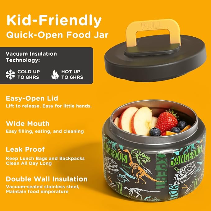 JXXM Bento Lunch Box for Kids With 8oz Soup thermo,Leak-proof Lunch Containers with 5 Compartment,thermo Food Jar and Lunch Bag, Food Containers for School (A-Black(Dinosaur Fossil))