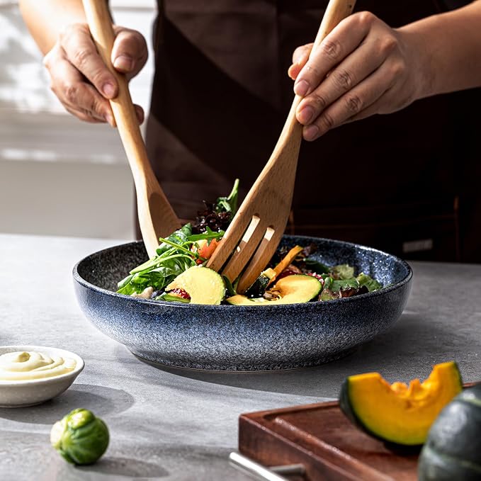 S&Q'S CERAMICS Large Serving Bowls Set of 4, 65 oz Wide Shallow Plates, Pasta Serving Dishes for Party, Entertaining, Microwave Safe (Dark Blue)